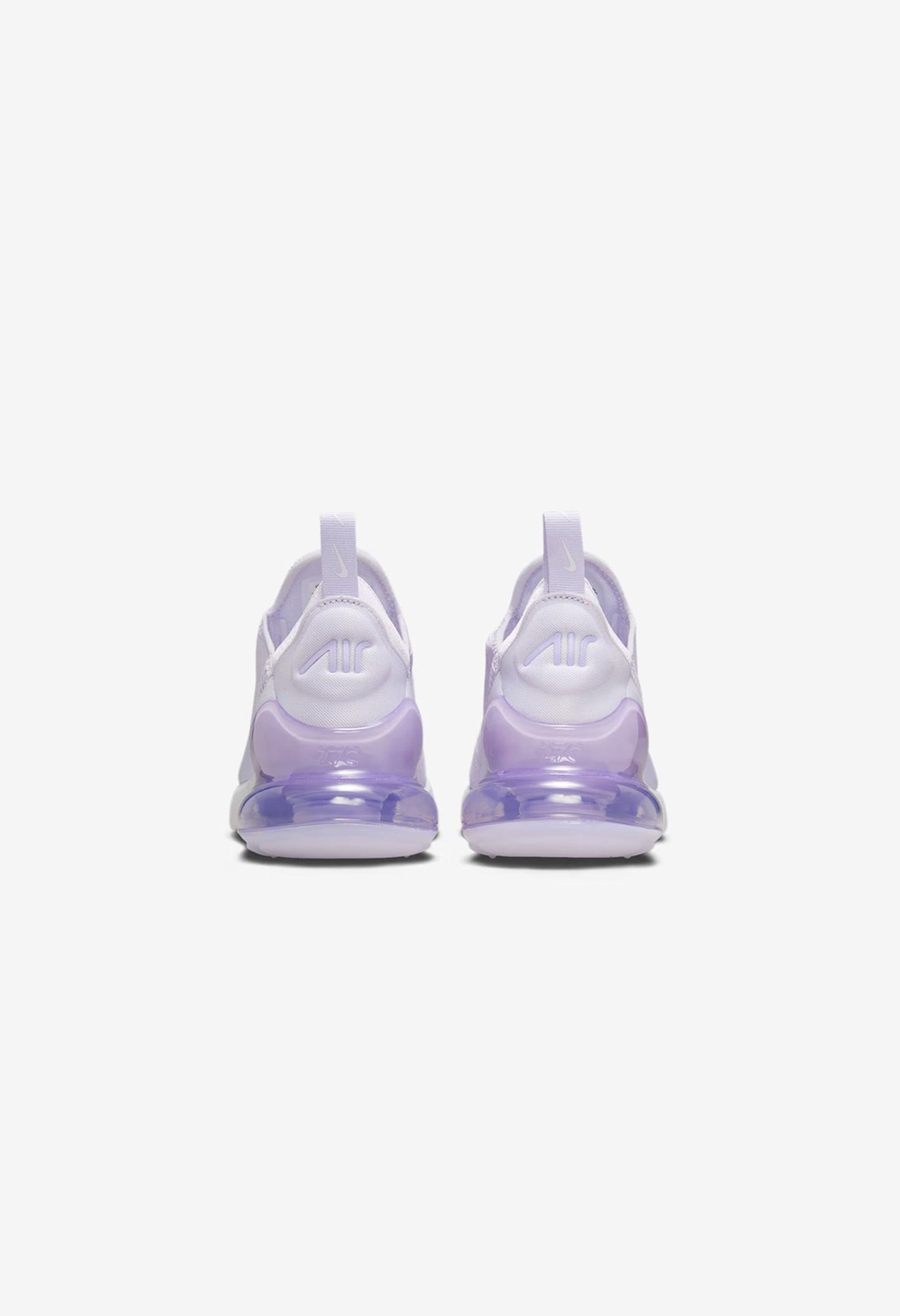 Rear view of lavender Nike Air Max 270 trainers highlighting the large-volume Air heel unit.