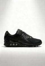 Brand new Nike Air Max 90 women's sneakers in triple black side view.