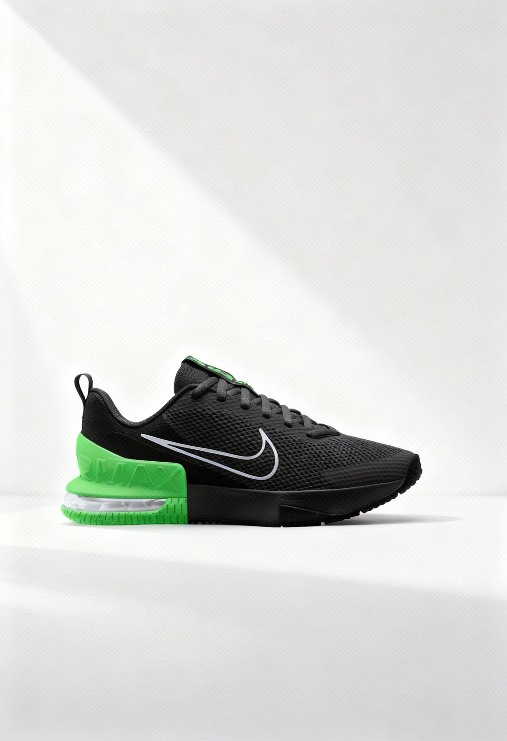 Brand new Nike Air Max Alpha Trainer 6 men's sneakers in black and volt green side view.