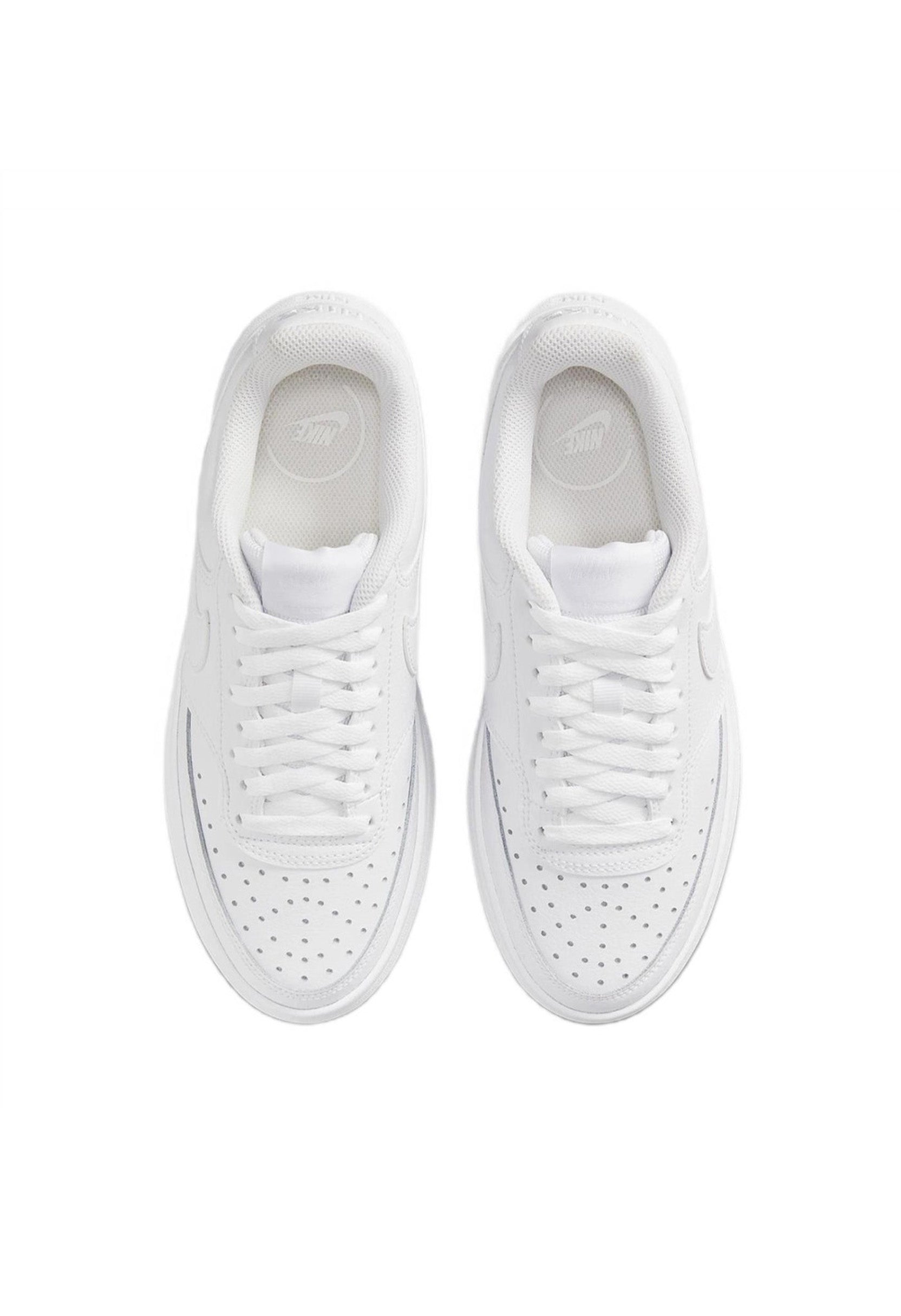 Top view of Nike Court Vision Alta fashion sneakers highlighting the premium white upper.
