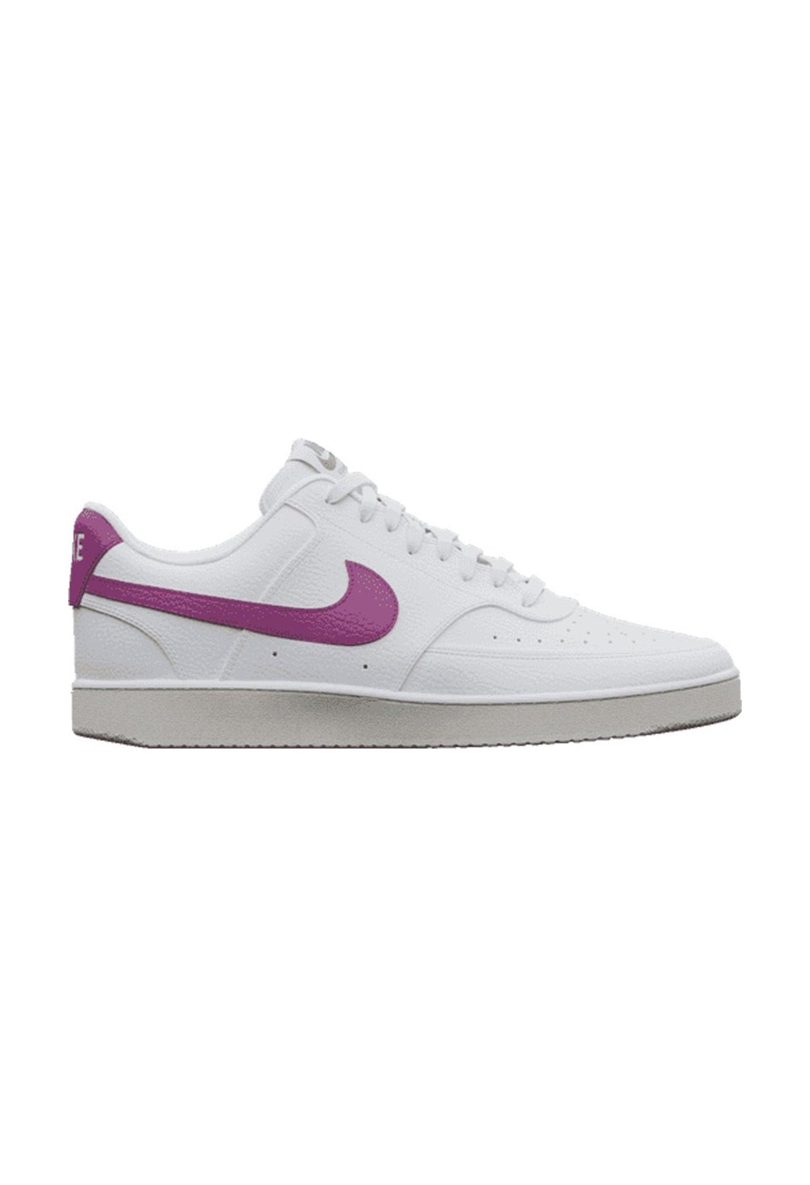 White Nike Court Vision Low NN sneakers featuring a vibrant purple Swoosh.