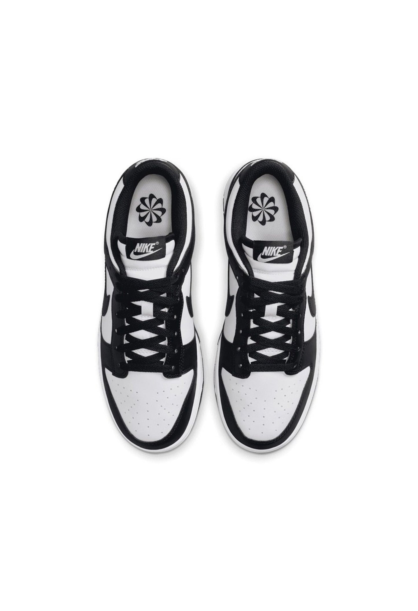 Top view of Nike Dunk Low Next Nature sneakers showing the iconic Panda black and white colorway.