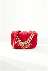 Front display of the women’s red Versace Jeans crossbody bag with gold chain detail.