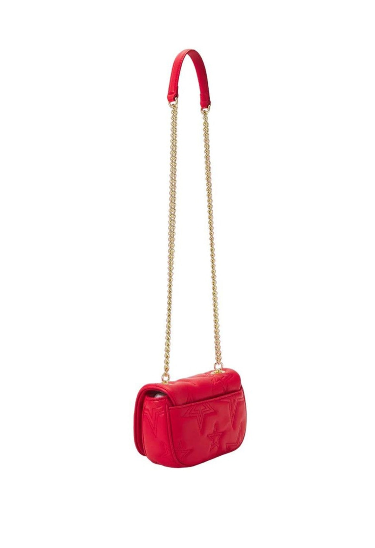 Full front shot of the red women’s crossbody bag with quilted texture and gold accents.