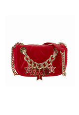 Long strap view of the red Versace Jeans crossbody bag featuring the gold chain shoulder strap.