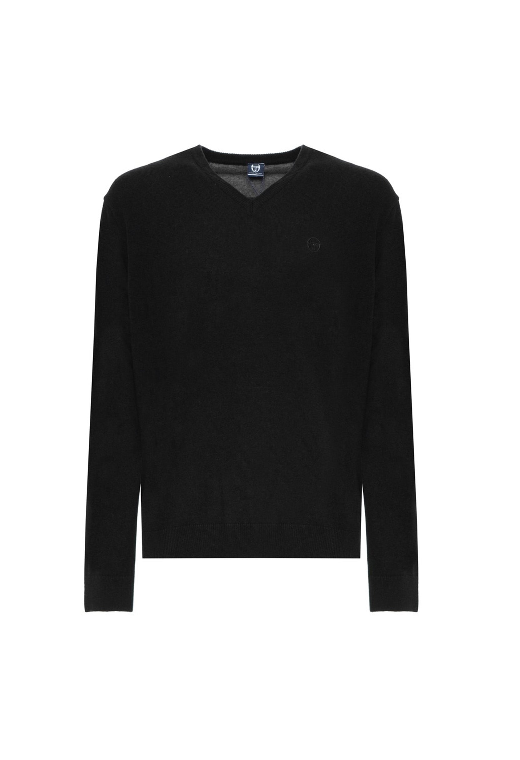 Sergio Tacchini black 100% wool V-neck sweater, flat lay front view.