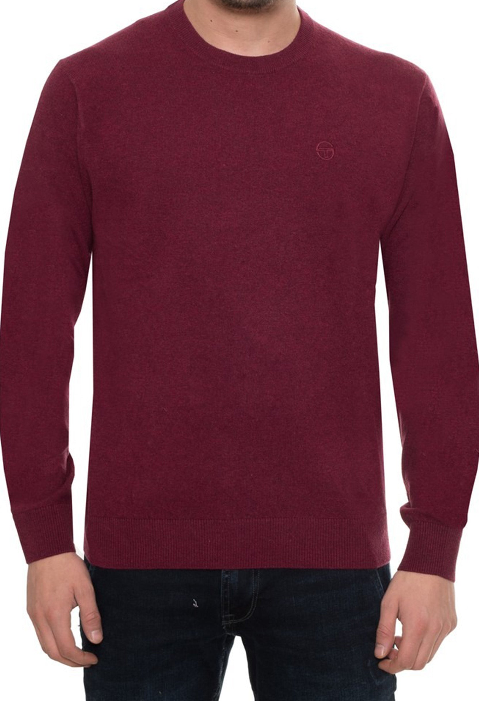 Sergio Tacchini bright red wool crew neck jumper, flat lay view.