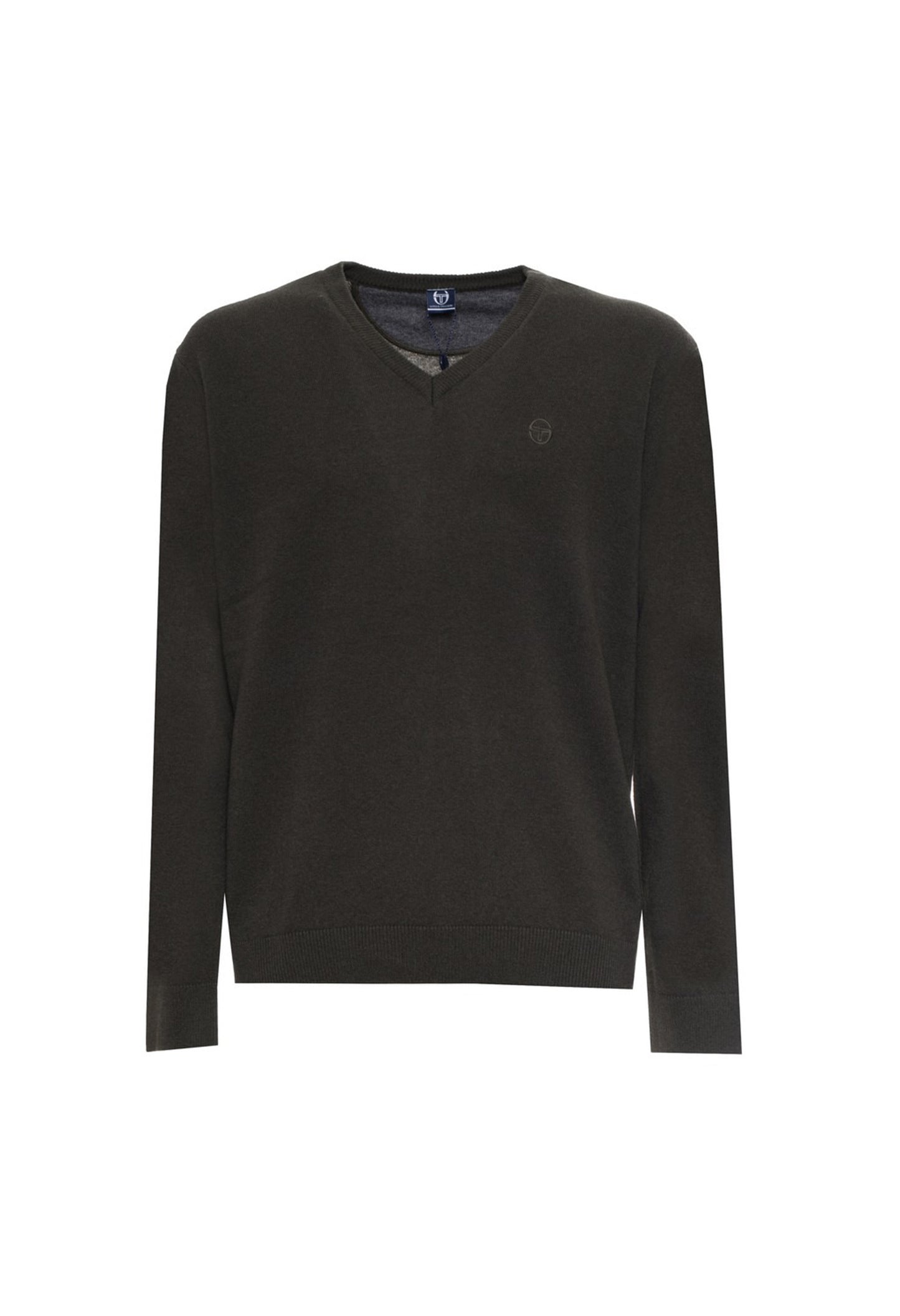 Sergio Tacchini dark brown/black wool V-neck jumper, flat lay view.