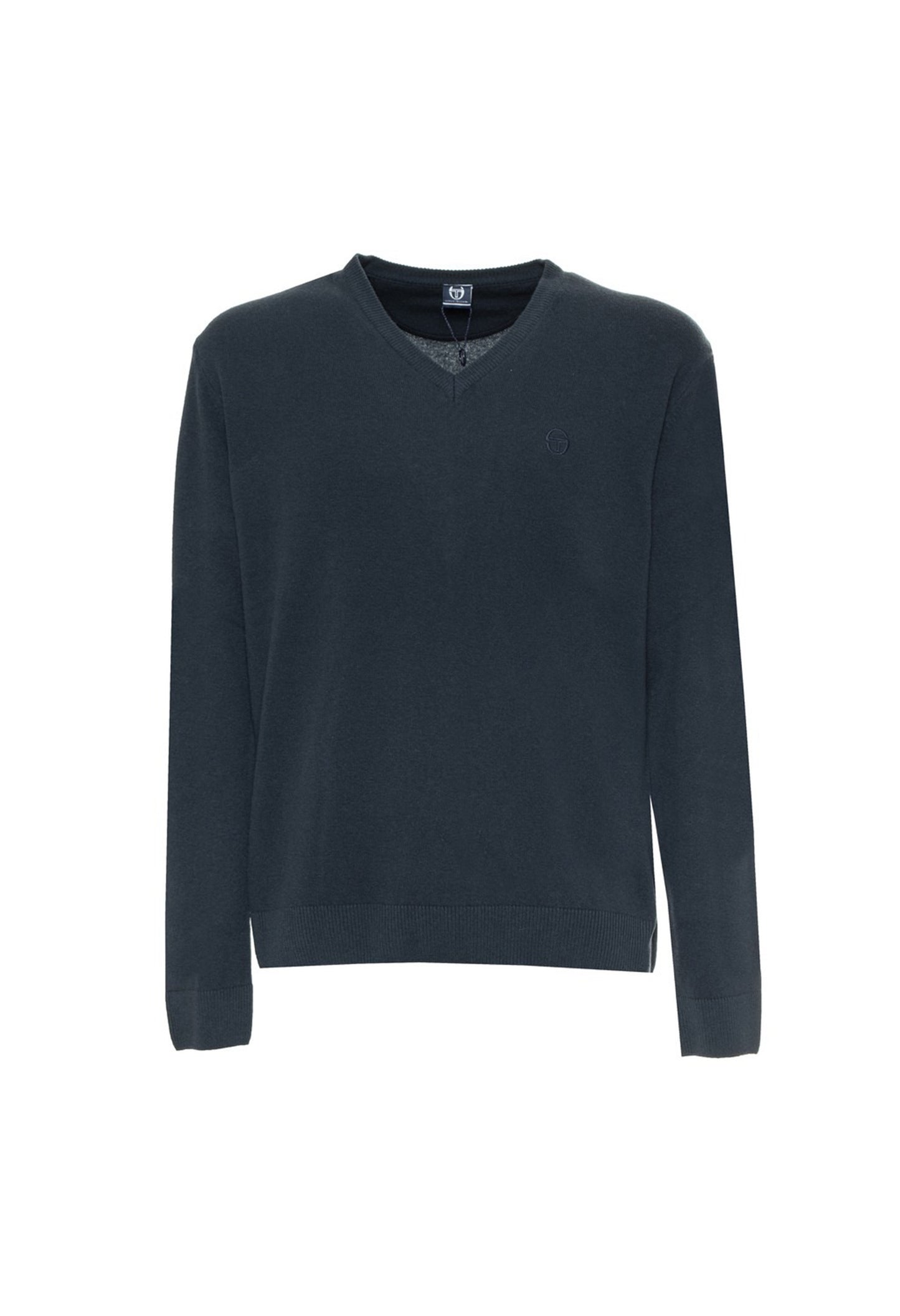Sergio Tacchini dark grey wool V-neck sweater, flat lay view.