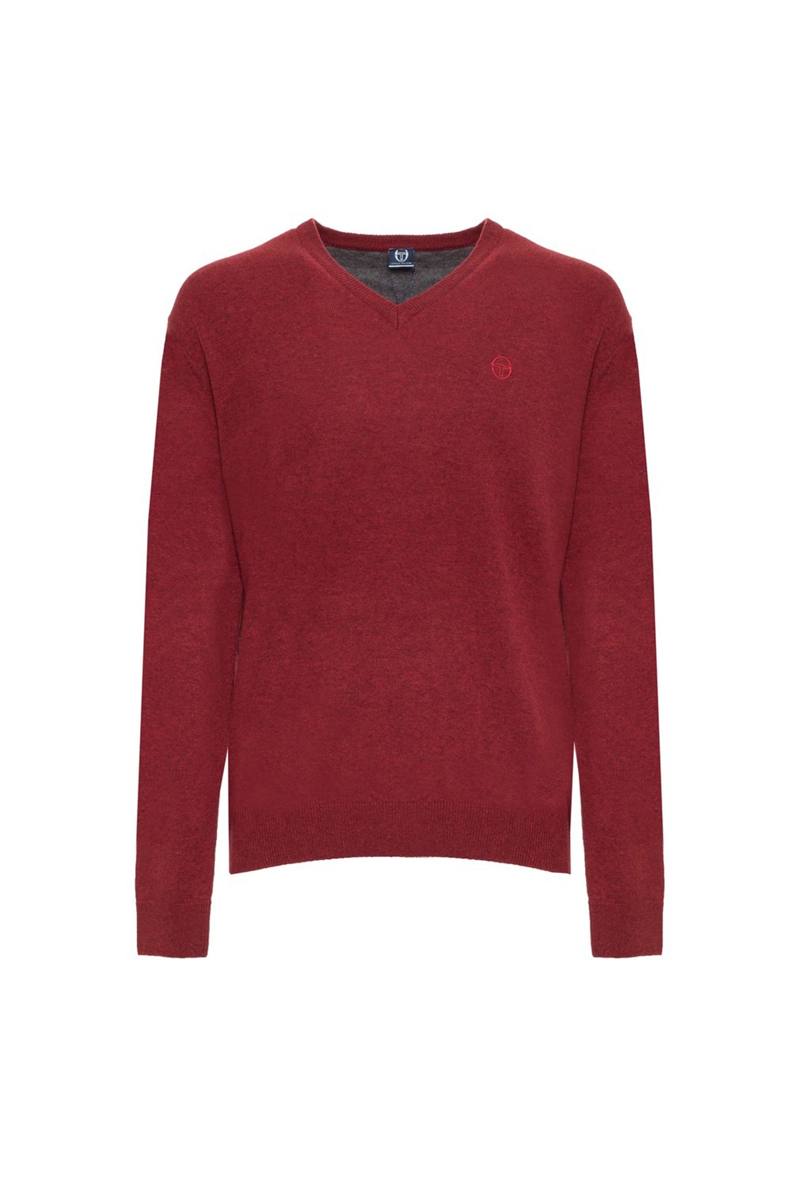 Sergio Tacchini maroon/red wool V-neck sweater, flat lay view.