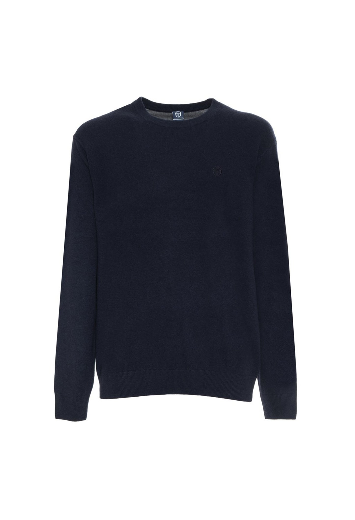 Sergio Tacchini navy blue 100% wool sweater, flat lay front view.