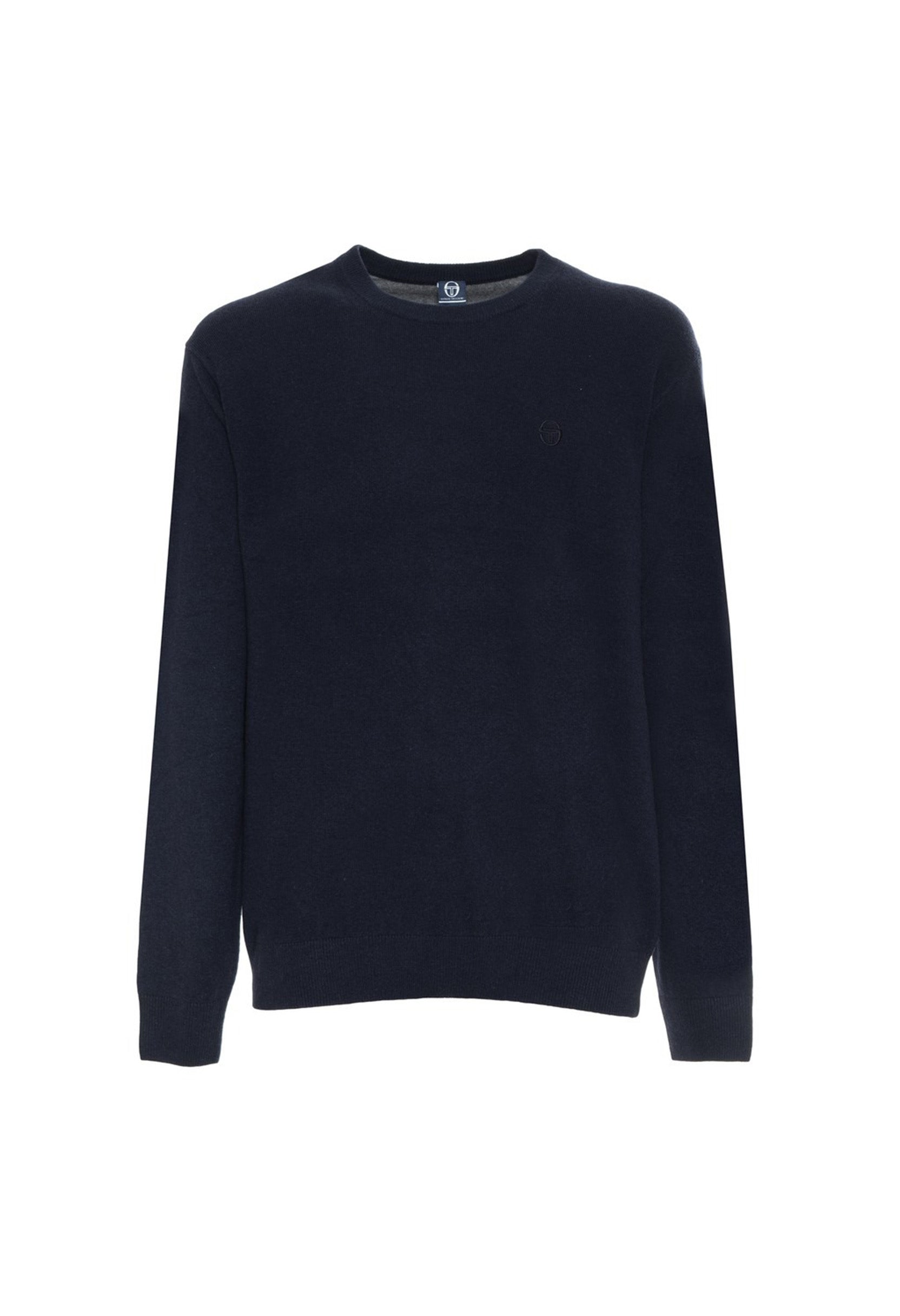Sergio Tacchini navy blue 100% wool sweater, flat lay front view.