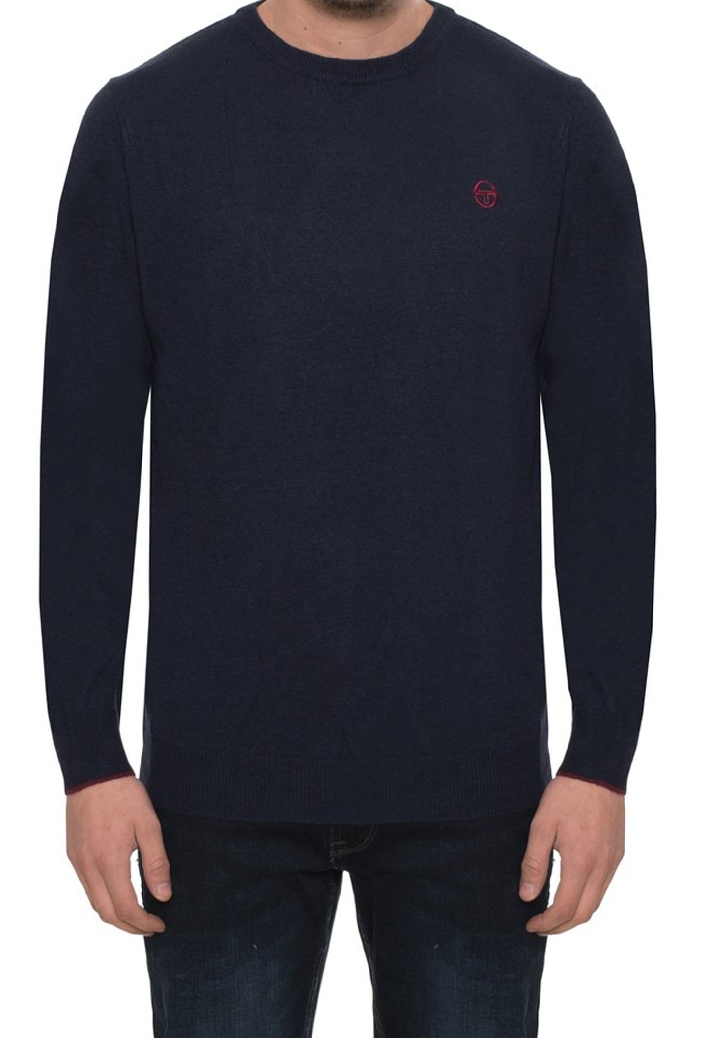 Sergio Tacchini navy blue long sleeve sweater, worn by model.