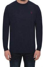 Sergio Tacchini navy blue long sleeve sweater, worn by model.