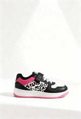 Shone 002 kids' low-top sneakers in black, pink, and white, with leopard print detail.