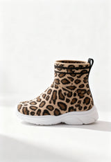 Shone 1601 kids' leopard print sock sneaker, high-top style, thick white sole.