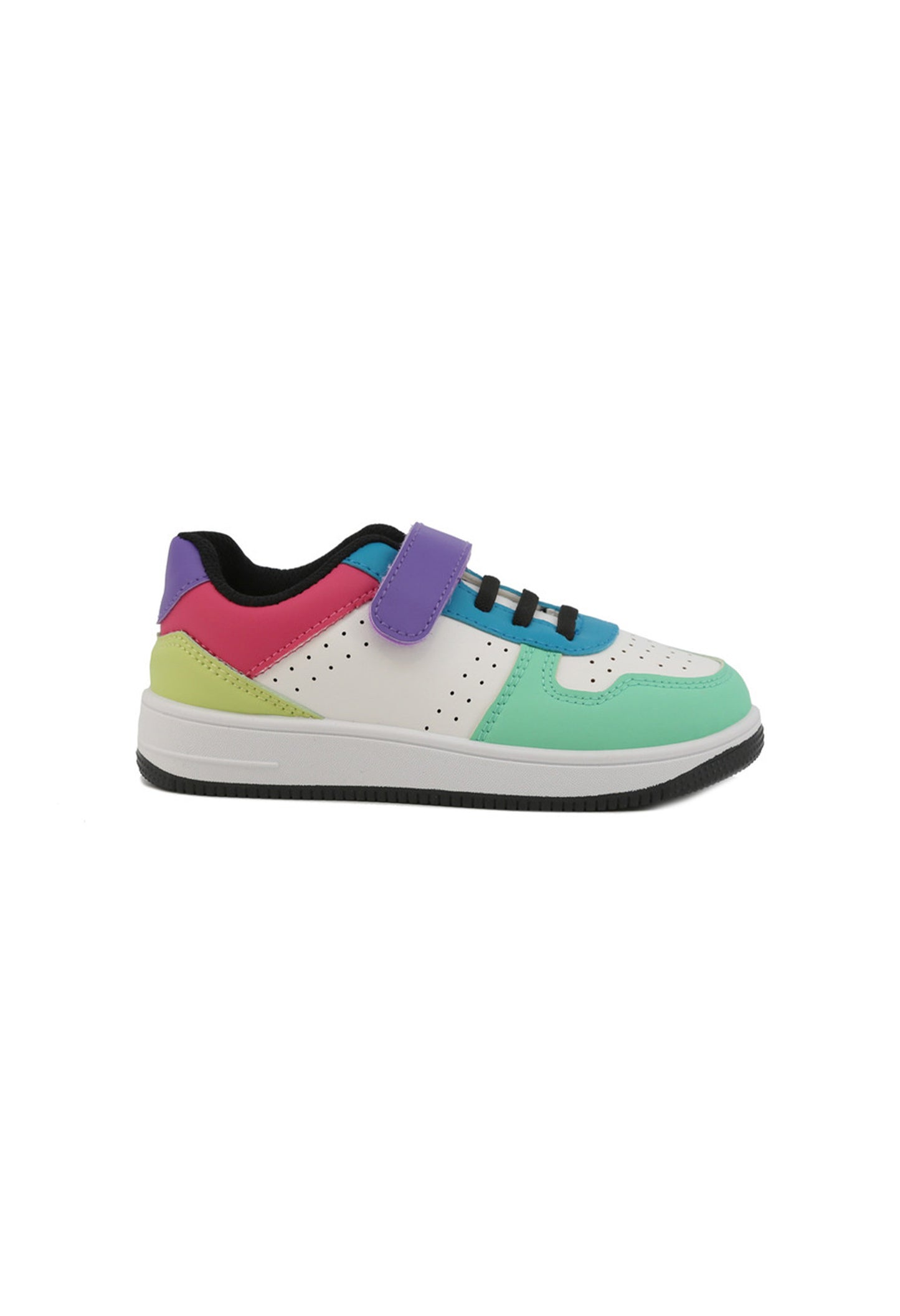 Shone kids' sneaker side view, showing multi-colour block design (mint, blue, purple, pink).