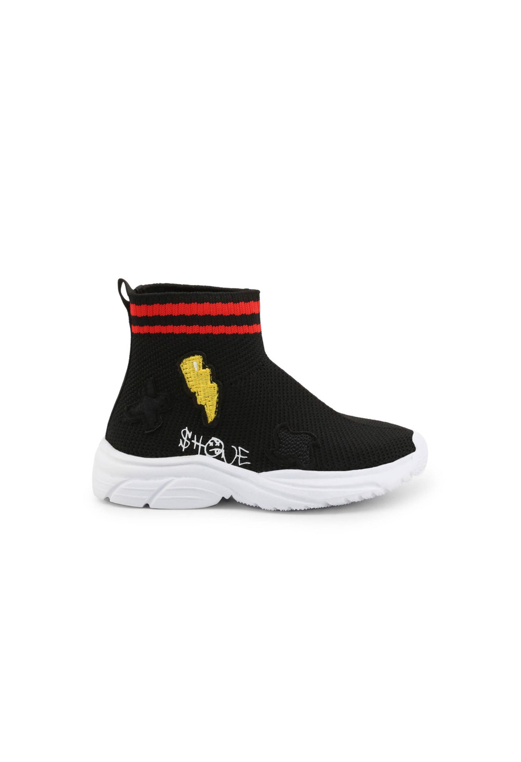 Shone kids' sneaker side view, showing red accent stripe and round toe.