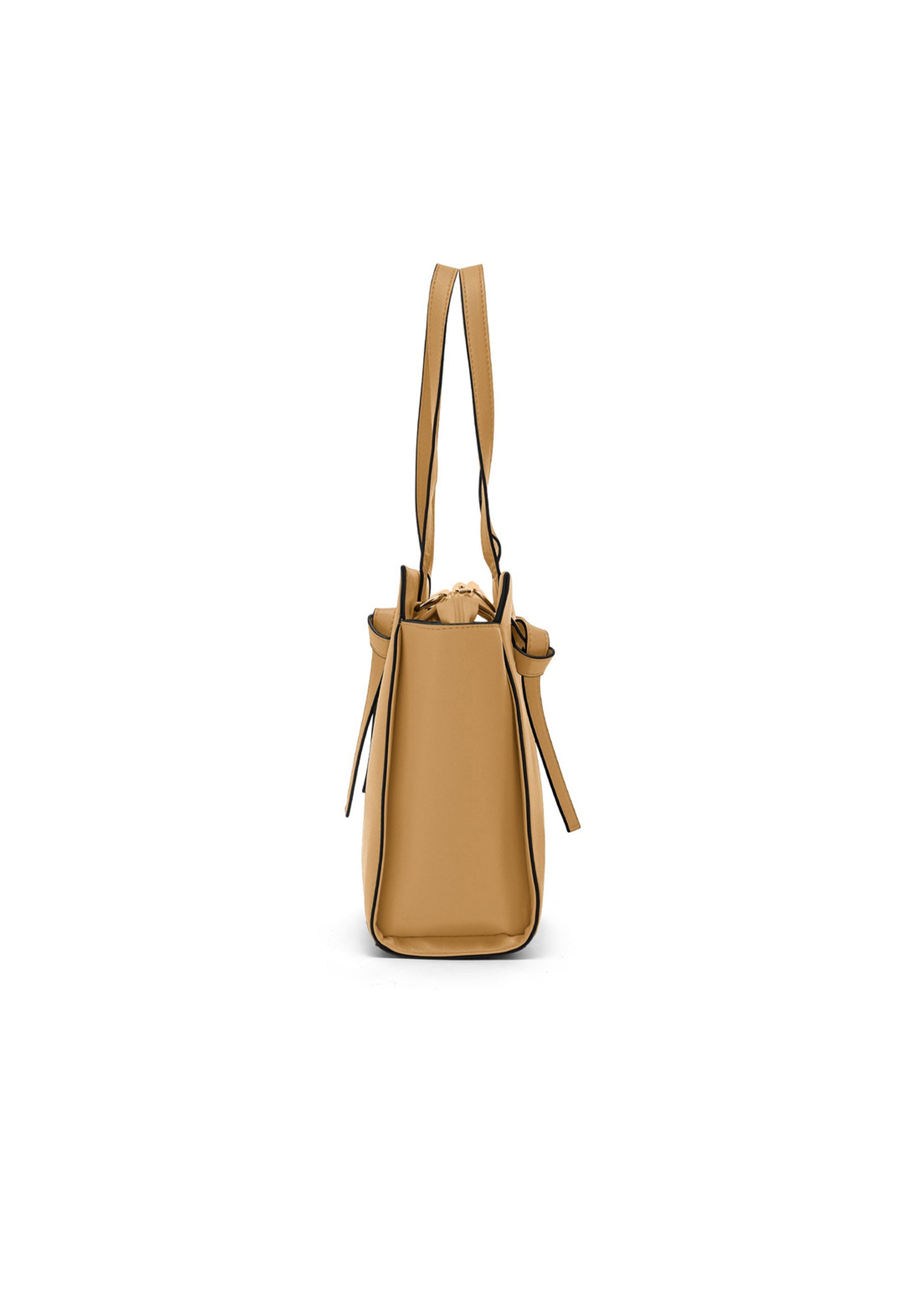 Side view of the beige Twig Debussy structured shoulder bag with knot accents.