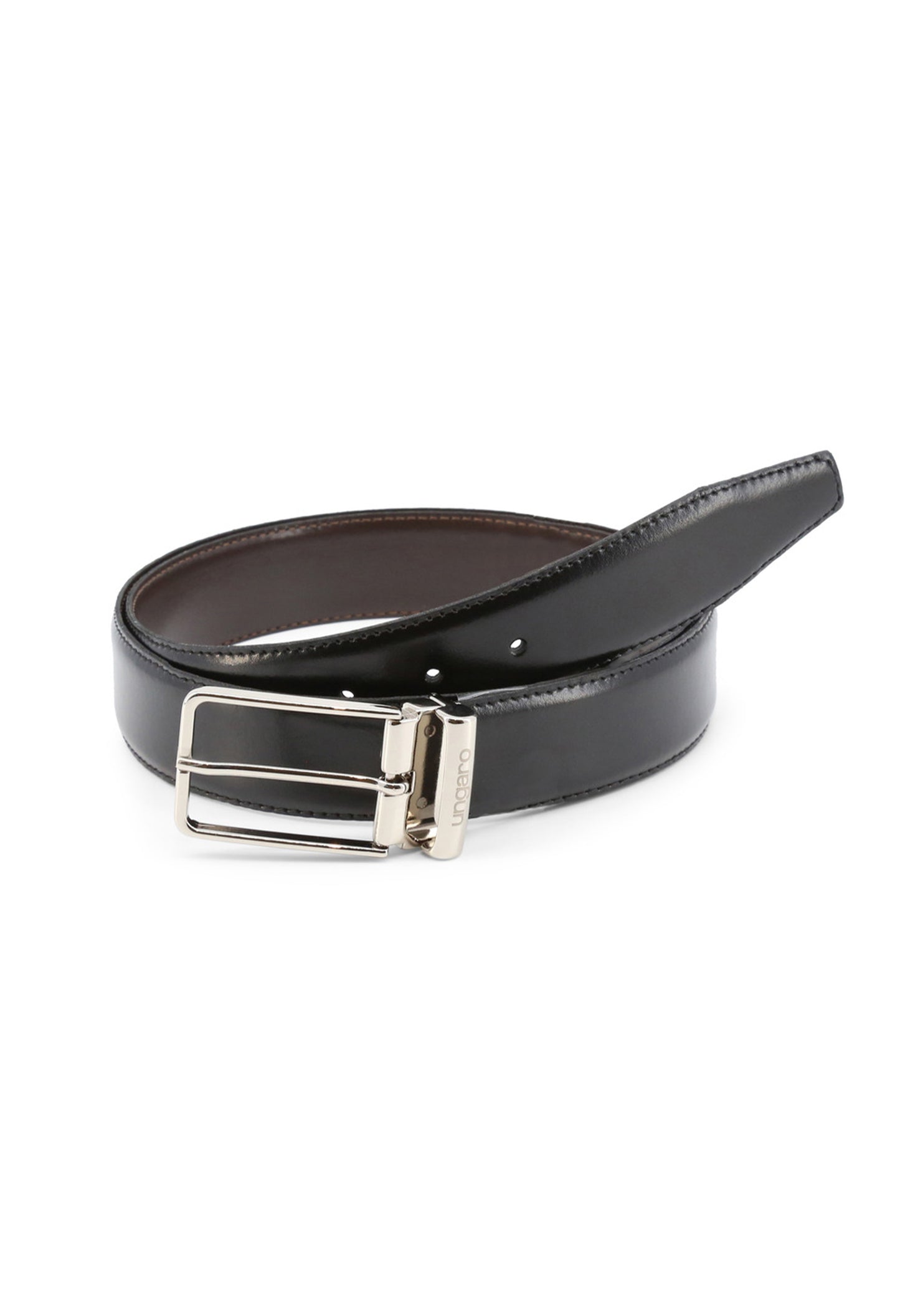 Ungaro UBLT000058 men's reversible leather belt in dark color, adjustable silver buckle.