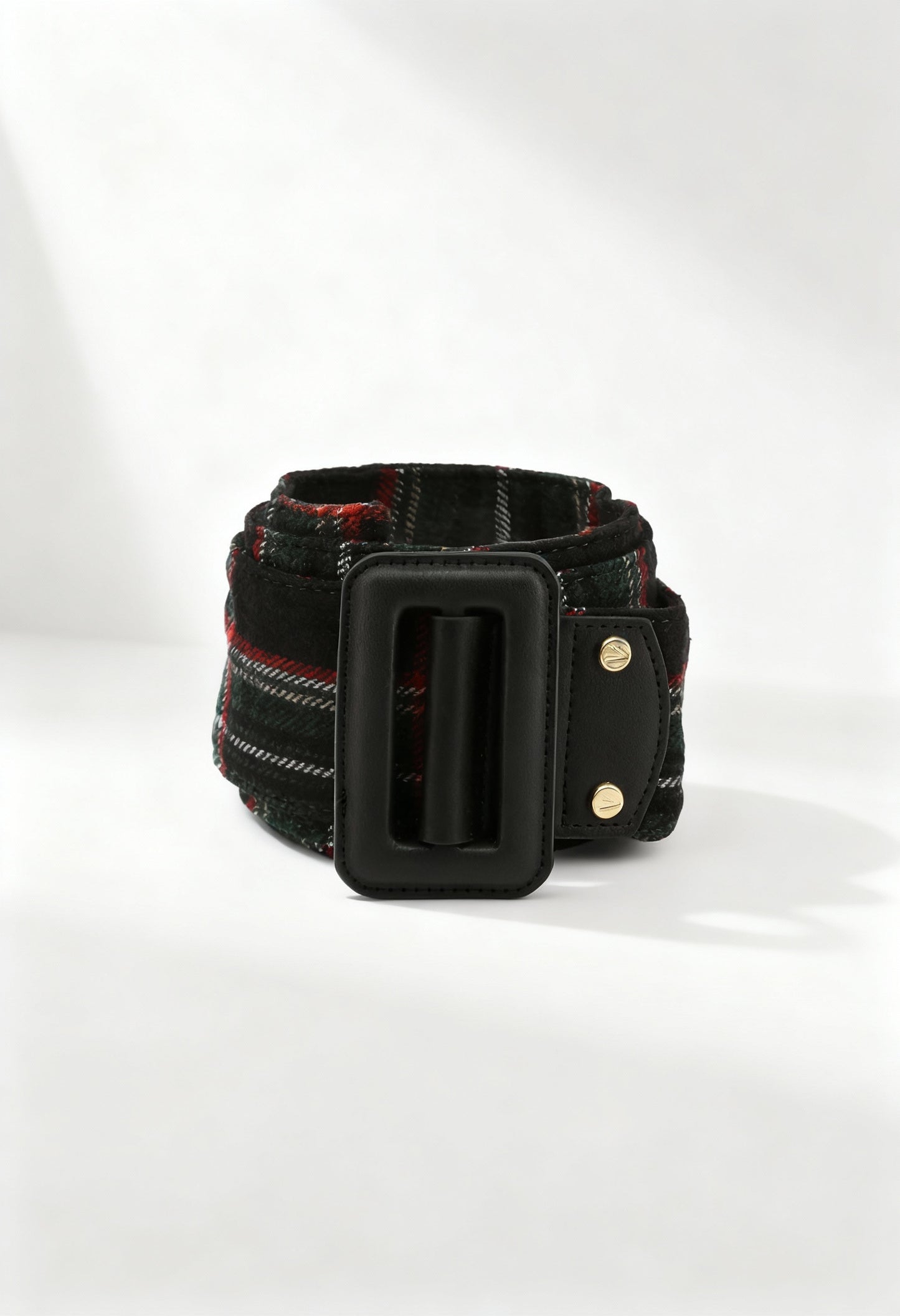 Studio view of the black tartan variation of the Valentino by Mario Valentino ALIEN-VCS2DO56T belt.