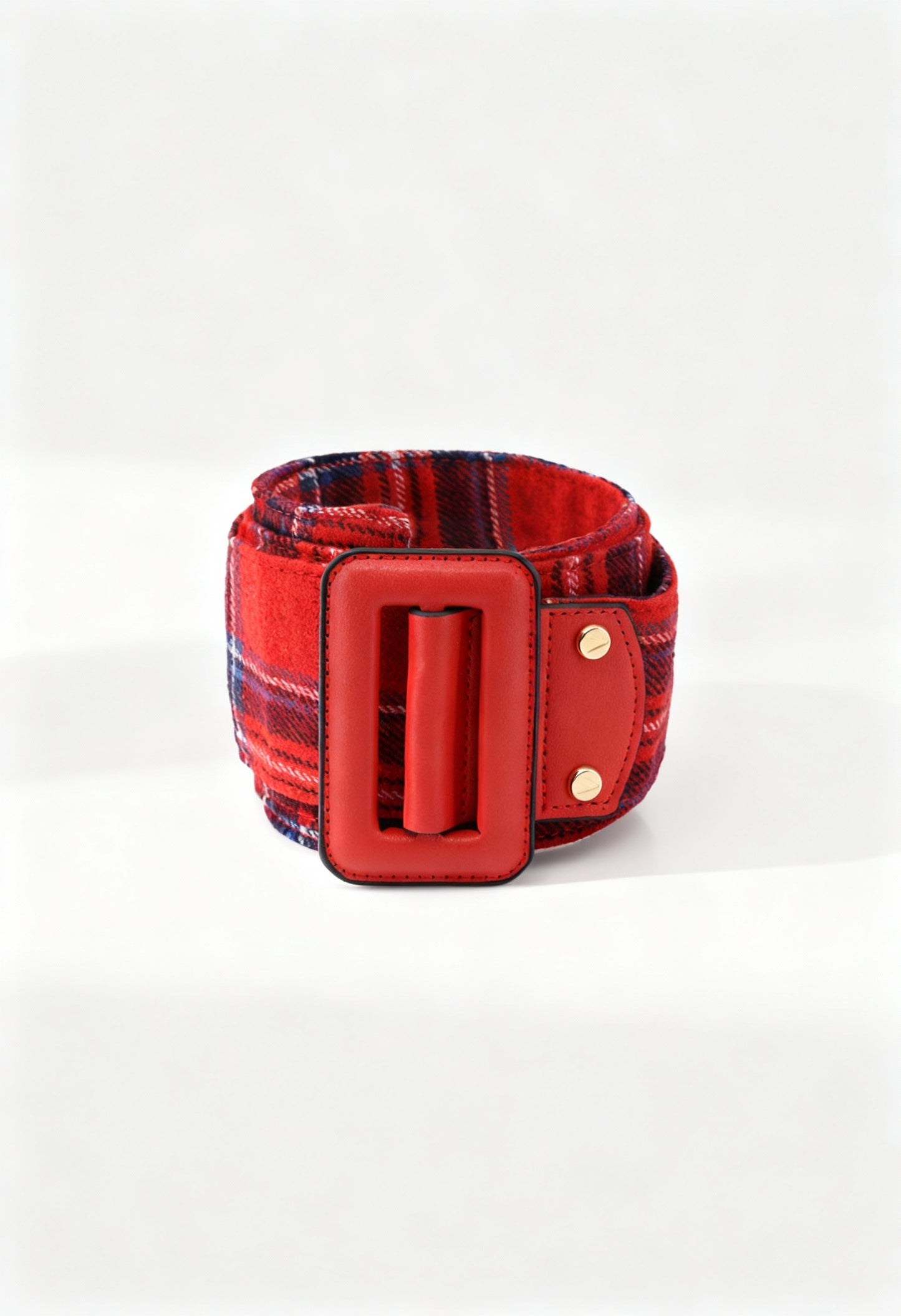 Front view of the Valentino by Mario Valentino ALIEN-VCS2DO56T red tartan belt with oversized buckle.