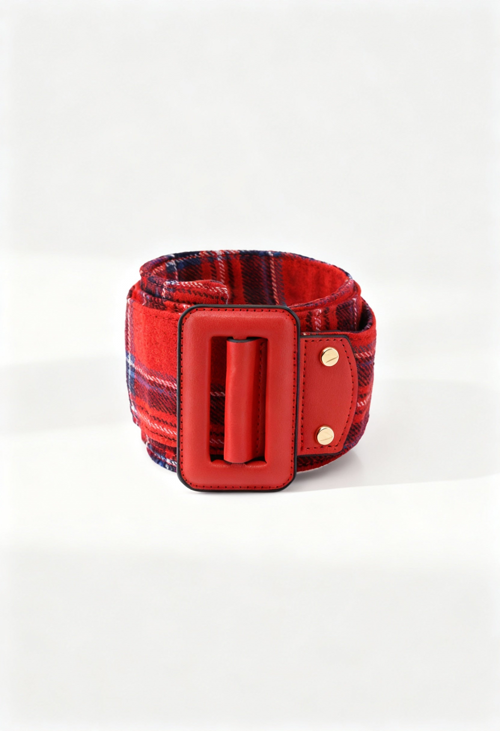 Front view of the Valentino by Mario Valentino ALIEN-VCS2DO56T red tartan belt with oversized buckle.