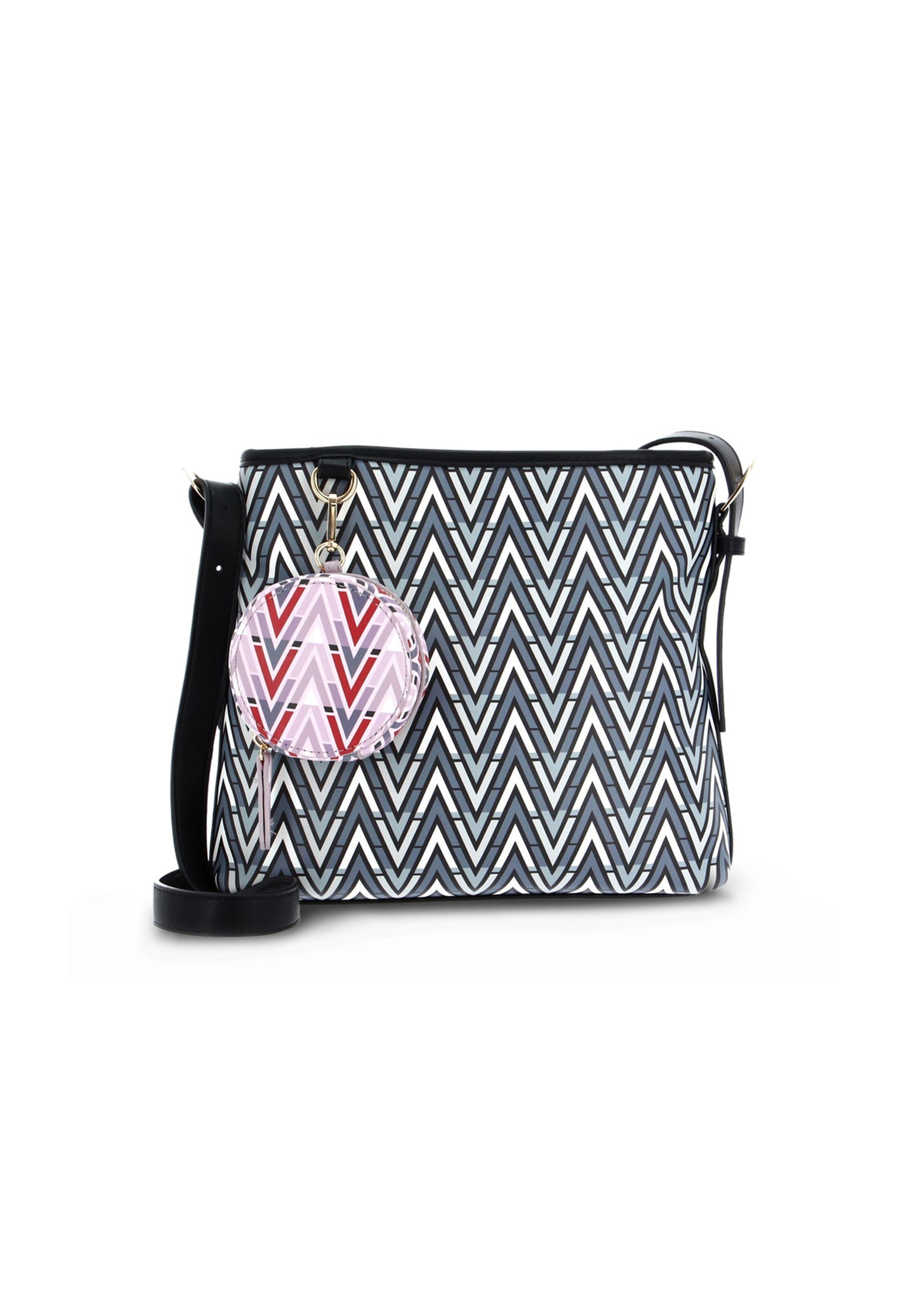 Side-angled studio shot of the Valentino TONIC-VBS69906 patterned crossbody bag with adjustable strap and coin pouch.