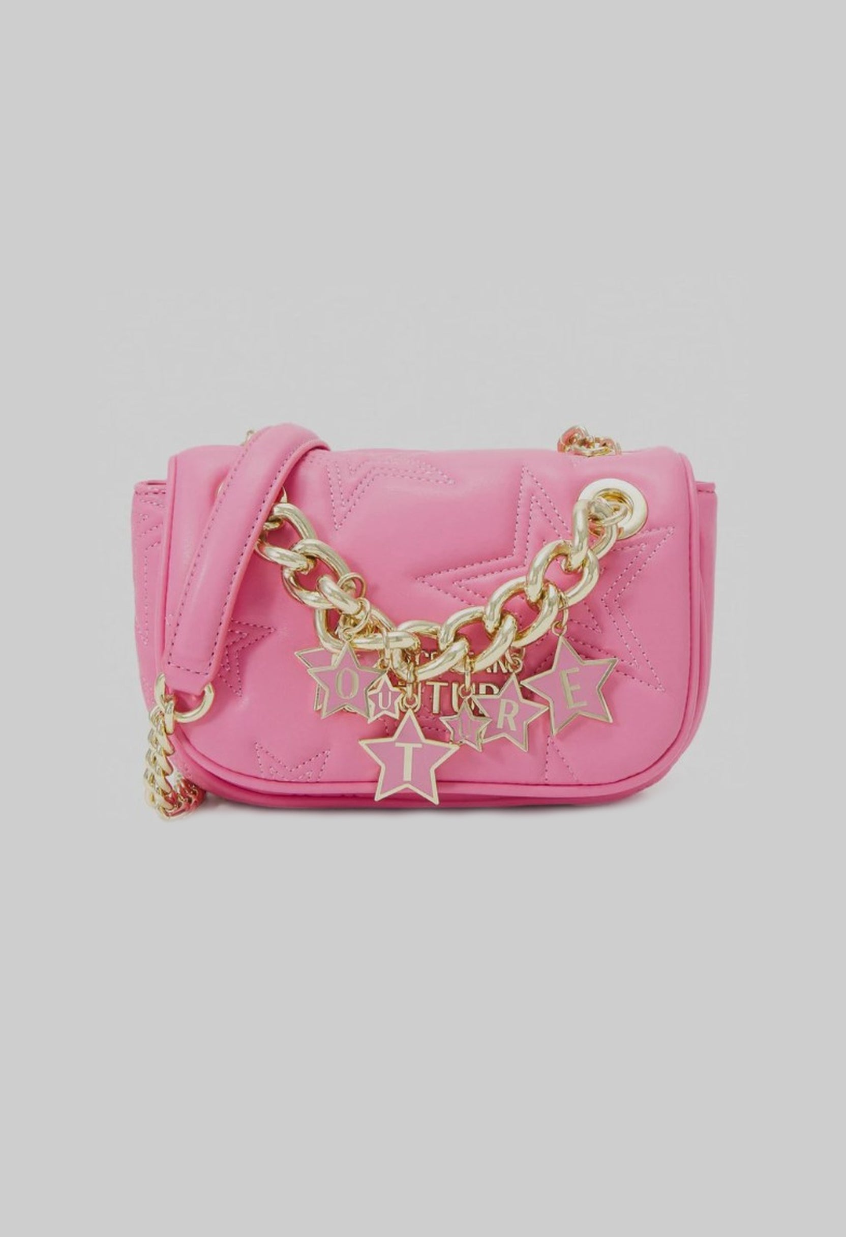 Full angled shot of the Versace Jeans 75VA4BC1_ZS806 pink crossbody bag showing chain and charms.