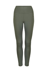 Women's microfiber compression leggings in green, flat lay view.